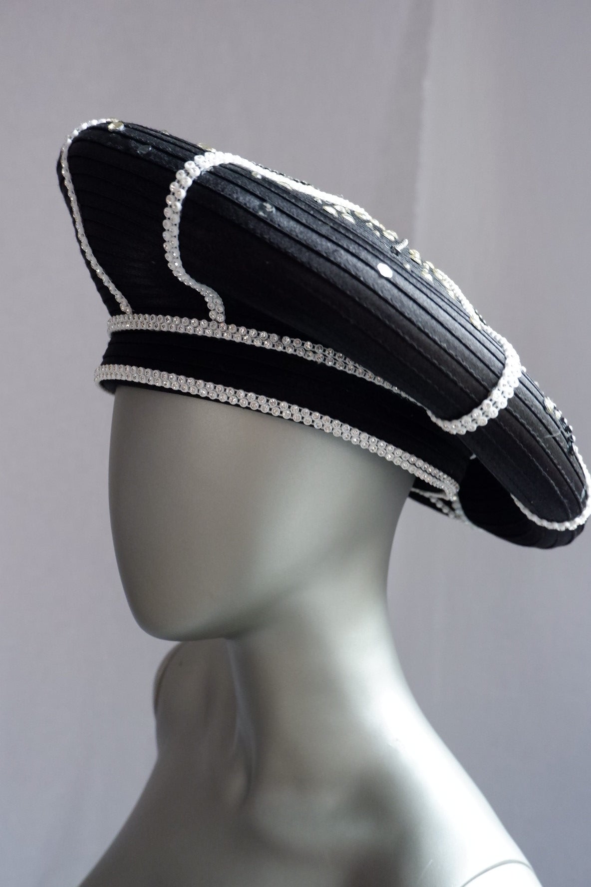 Vintage Sculptural Black Hat with Rhinestone Sunburst & Pearl Trim