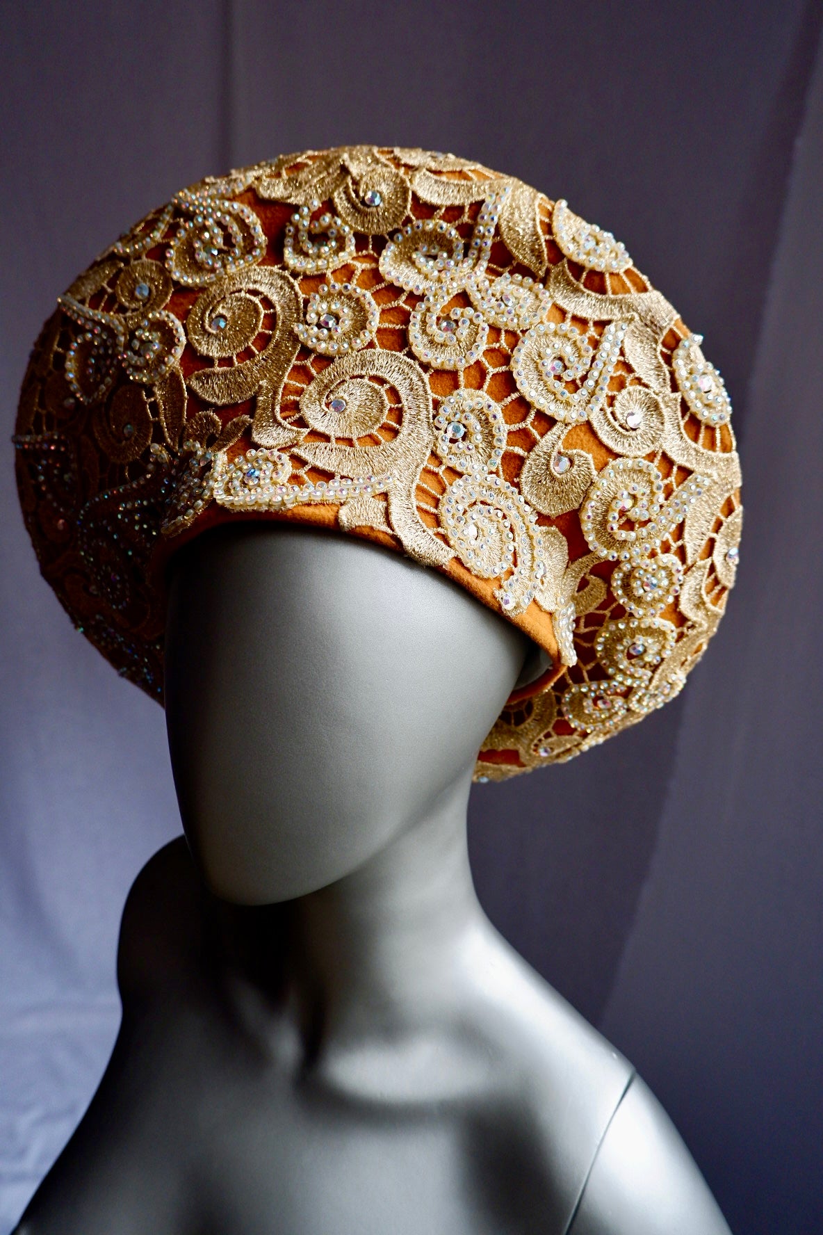 Vintage Jack McConnell Red Feather Hat – Gold Embroidered Couture Halo with Sequins & Beads