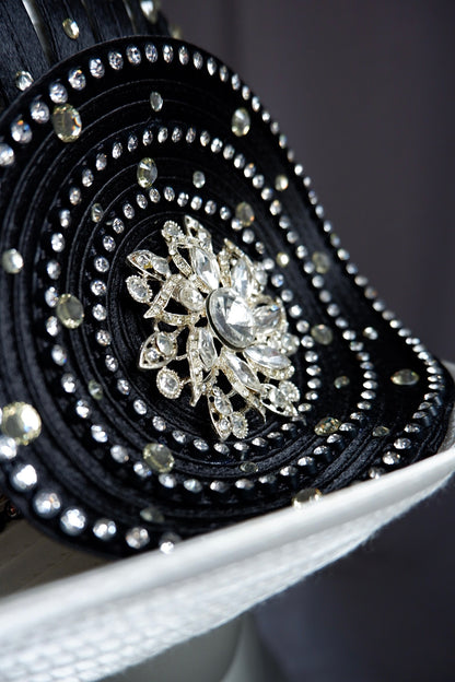 Vintage Elite Champagne Dramatic Ribbon Crown Hat – Rhinestone Embellishments & Oversized Crystal Bloom