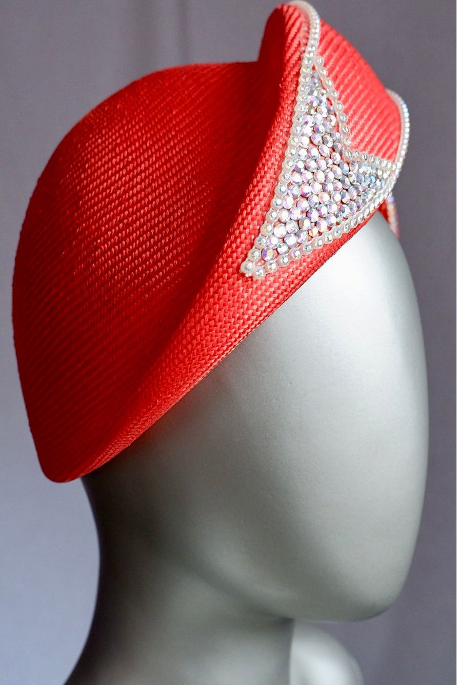 Deadstock Vintage Jack McConnell Couture Hat – Sculptural Red with Rhinestone Flame Trim
