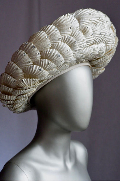 Vintage Jack McConnell Red Feather Hat – Sculpted Straw with Faux Rhinestone Seashell Design

