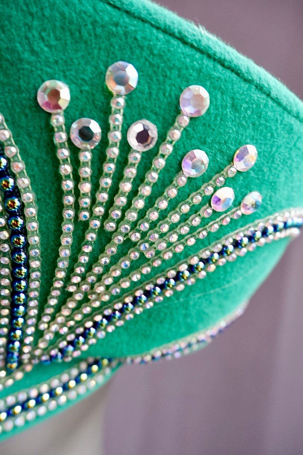 Vintage Jack McConnell Kelly Green Sculptural Wool Hat with Rhinestone Sunburst Detail