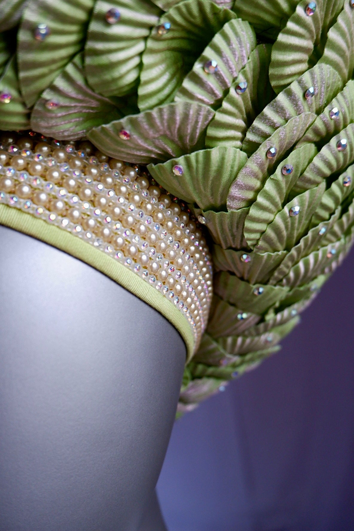 Vintage Jack McConnell Couture Hat – Sculpted Green Seashell Crown with Rhinestones & Pearl Band