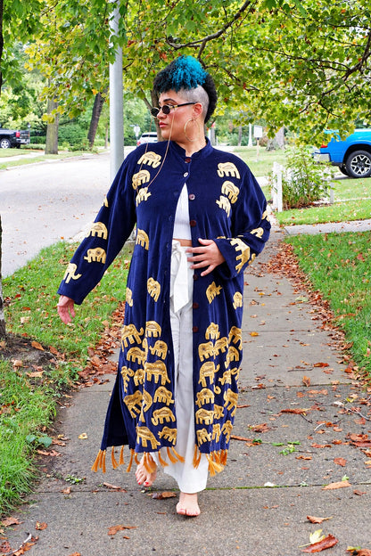 Handmade Navy Velvet Elephant Duster with Gold Tassel Fringe, Matching Bag & Shoes – Deadstock