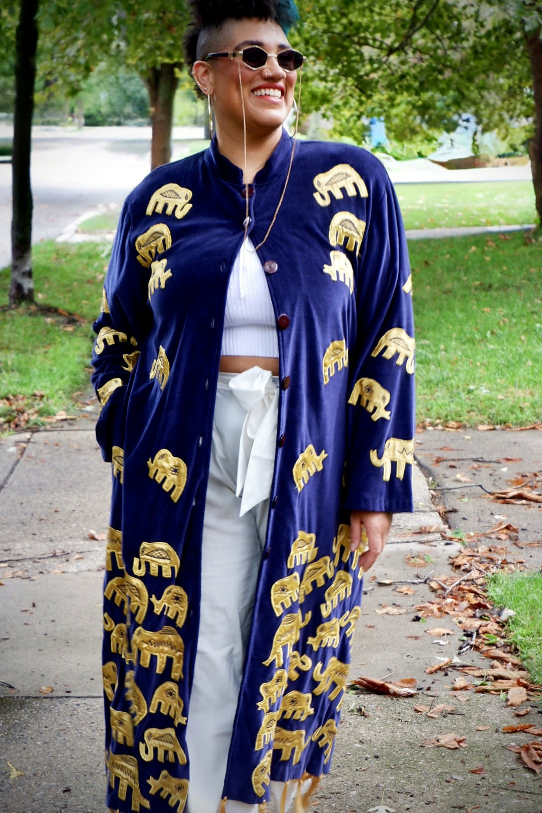 Handmade Navy Velvet Elephant Duster with Gold Tassel Fringe, Matching Bag & Shoes – Deadstock