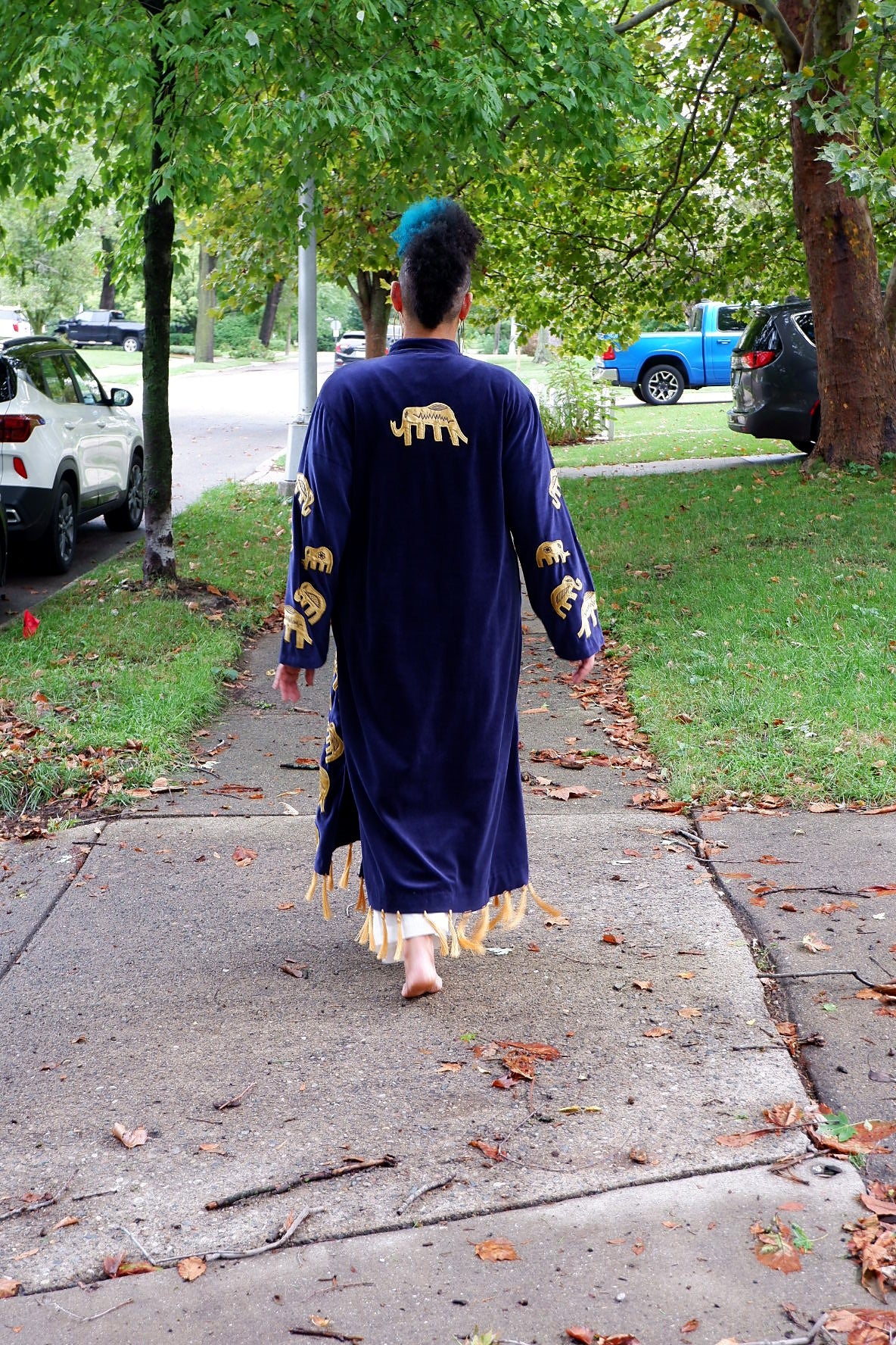 Handmade Navy Velvet Elephant Duster with Gold Tassel Fringe, Matching Bag & Shoes – Deadstock