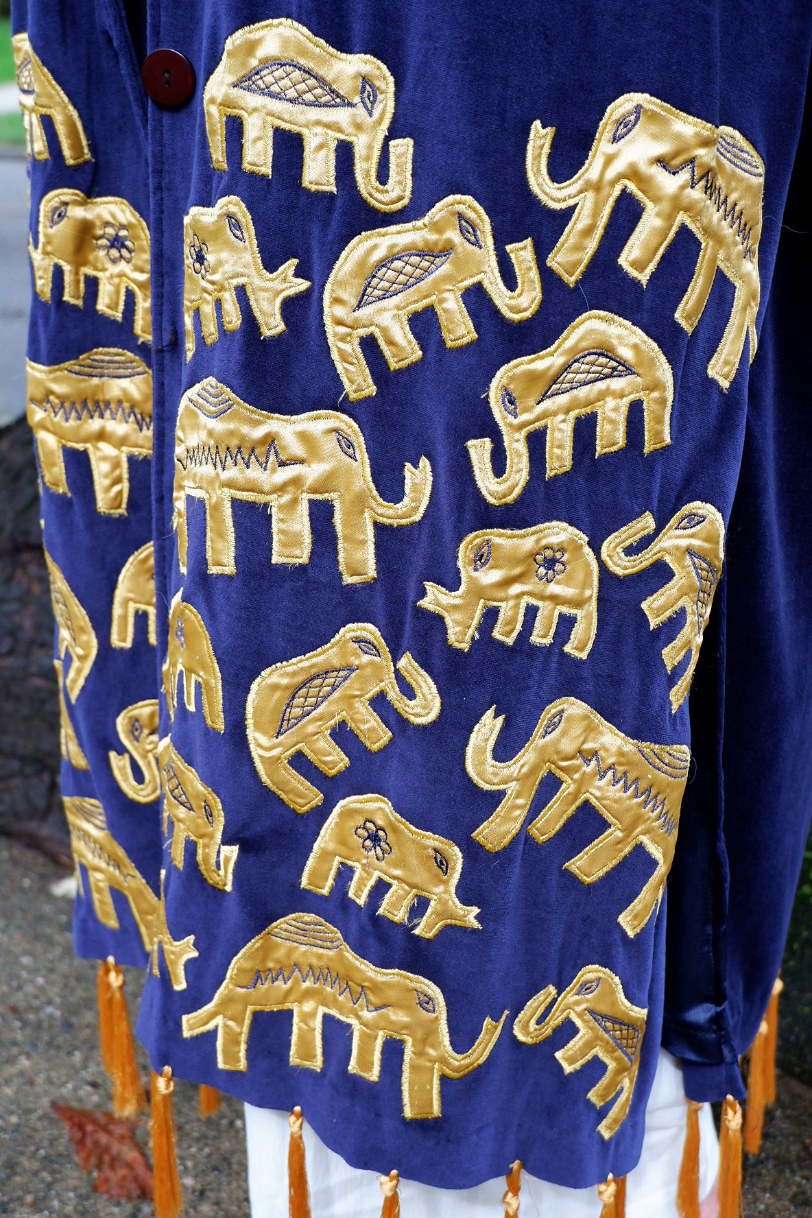 Handmade Navy Velvet Elephant Duster with Gold Tassel Fringe, Matching Bag & Shoes – Deadstock