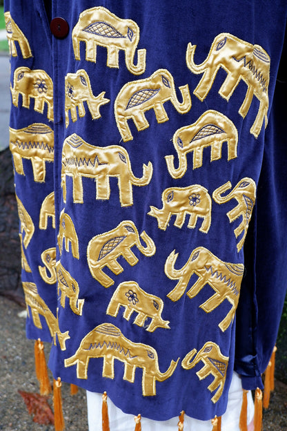 Handmade Navy Velvet Elephant Duster with Gold Tassel Fringe, Matching Bag & Shoes – Deadstock