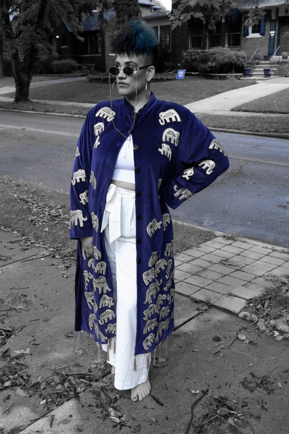 Handmade Navy Velvet Elephant Duster with Gold Tassel Fringe, Matching Bag & Shoes – Deadstock