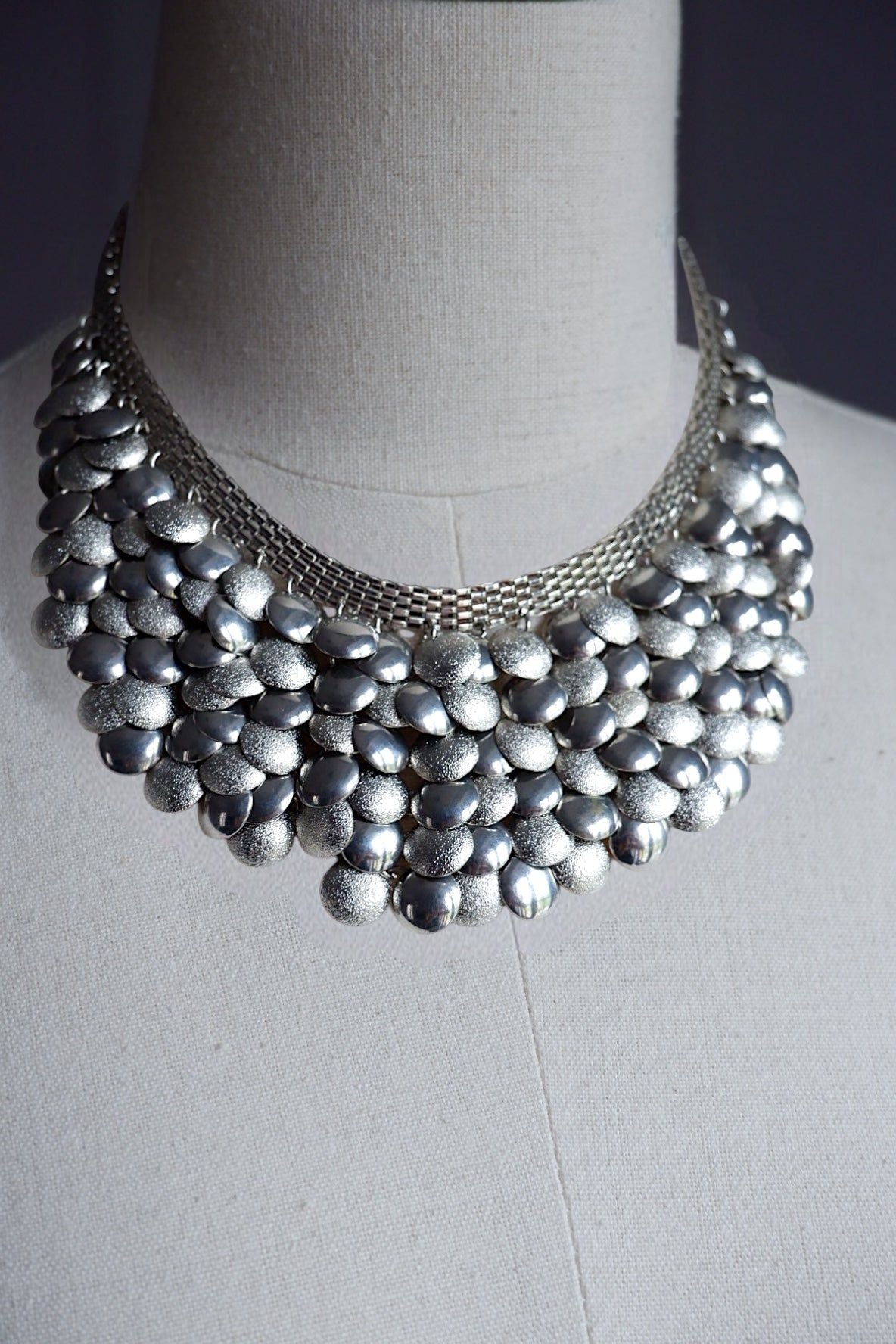 Vintage Silver-Tone Bubble Bib Collar Necklace – Textured Statement Piece