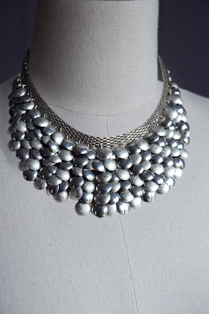 Vintage Silver-Tone Bubble Bib Collar Necklace – Textured Statement Piece