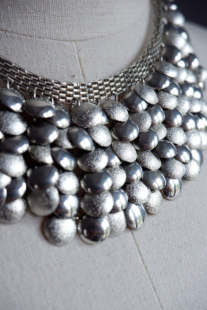Vintage Silver-Tone Bubble Bib Collar Necklace – Textured Statement Piece