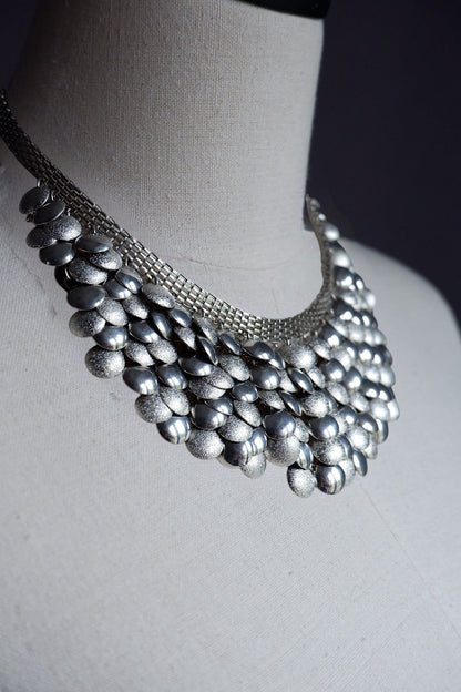 Vintage Silver-Tone Bubble Bib Collar Necklace – Textured Statement Piece