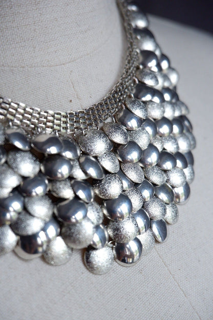 Vintage Silver-Tone Bubble Bib Collar Necklace – Textured Statement Piece