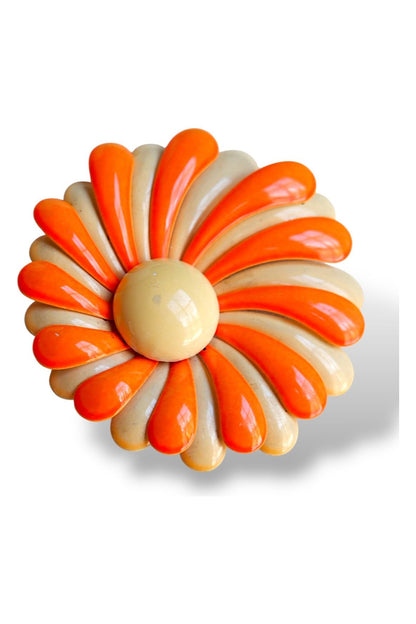 Vintage 1960s Orange & Cream Enamel Flower Brooch – Bold Mod Pin