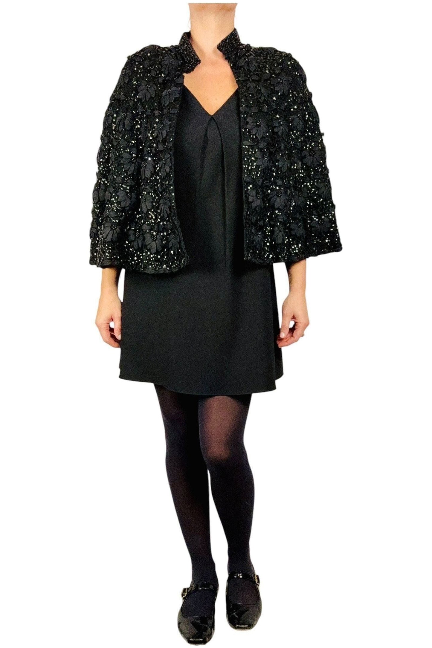 1980s Vintage Black Sequin Cape Free Size
