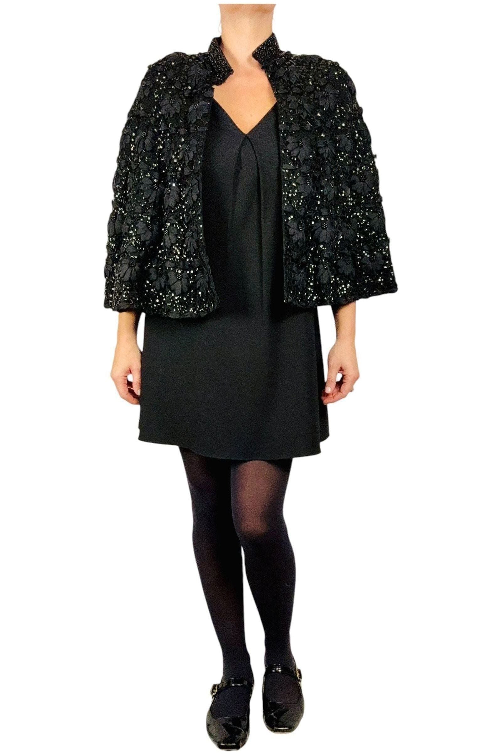 1980s Vintage Black Sequin Cape Free Size
