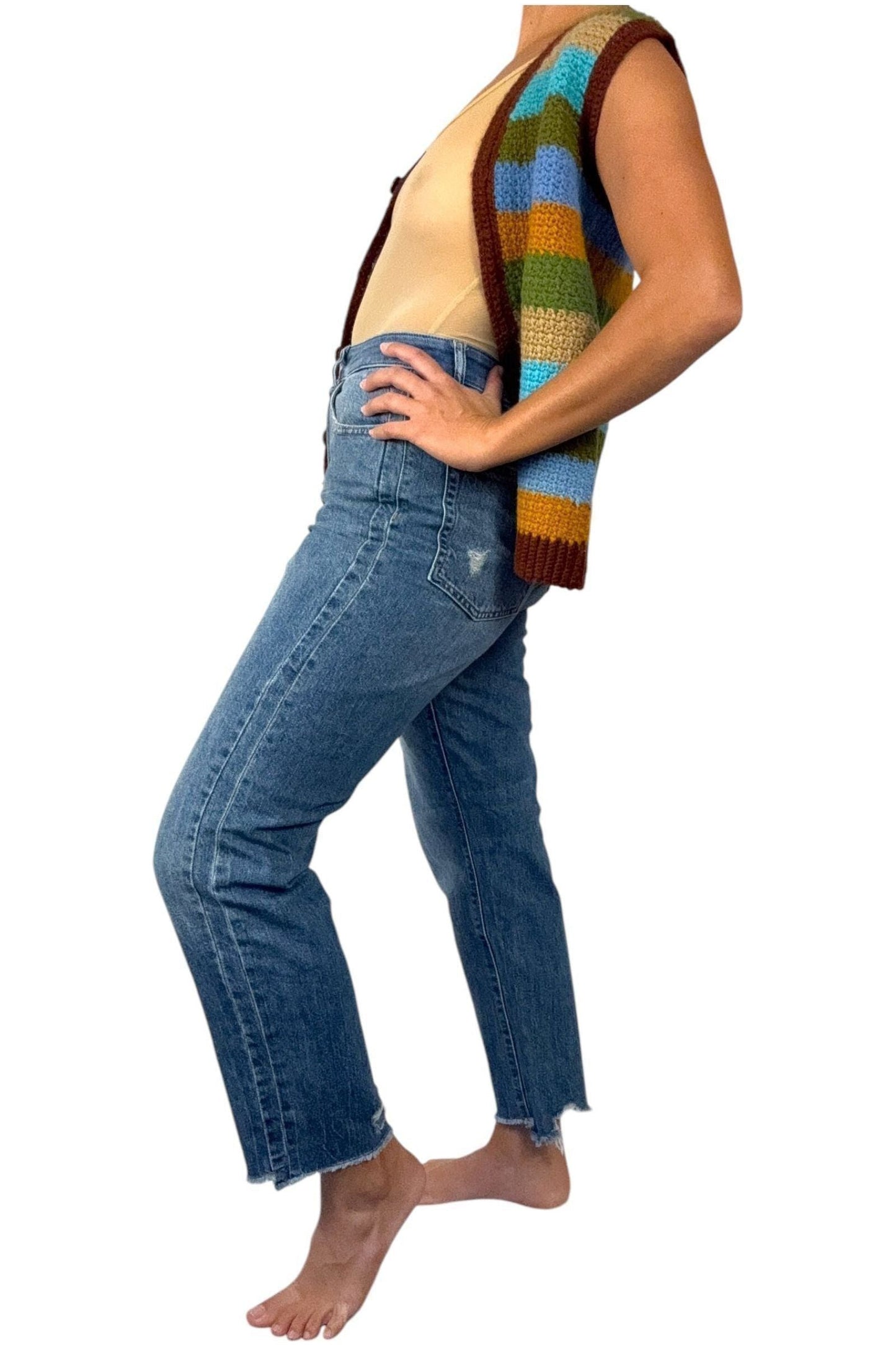1970s Vintage Hand-Crocheted Striped Vest – Earthy Tones with a Bold Pop S/M