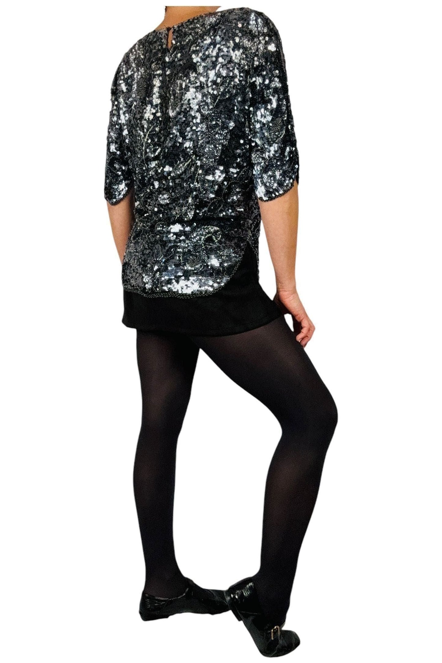 1980s Vintage Monochrome Sequin Top with Batwing Sleeves L