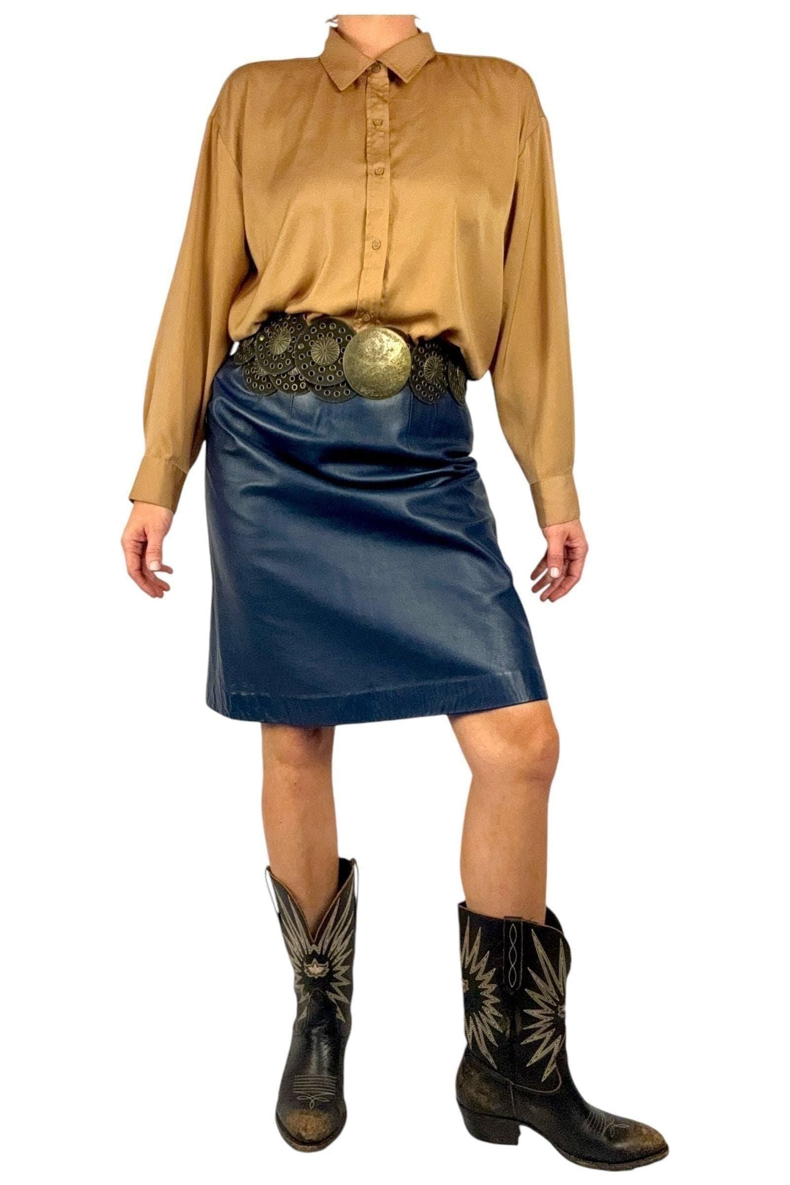 1980s Vintage Blue Leather Skirt L