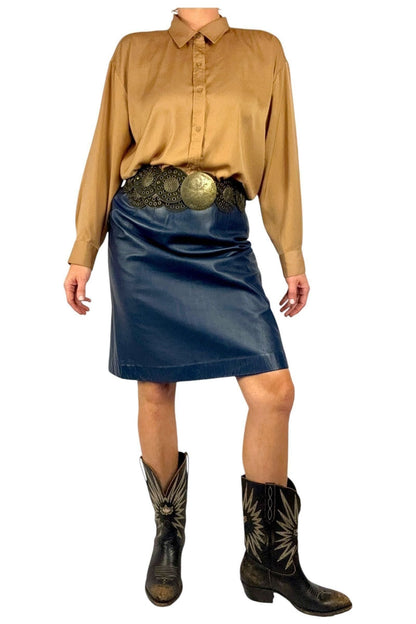 1980s Vintage Blue Leather Skirt L
