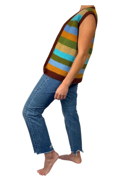 1970s Vintage Hand-Crocheted Striped Vest – Earthy Tones with a Bold Pop S/M