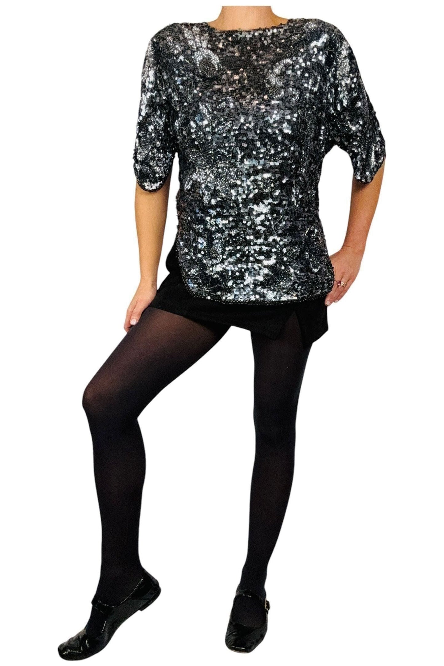 1980s Vintage Monochrome Sequin Top with Batwing Sleeves L