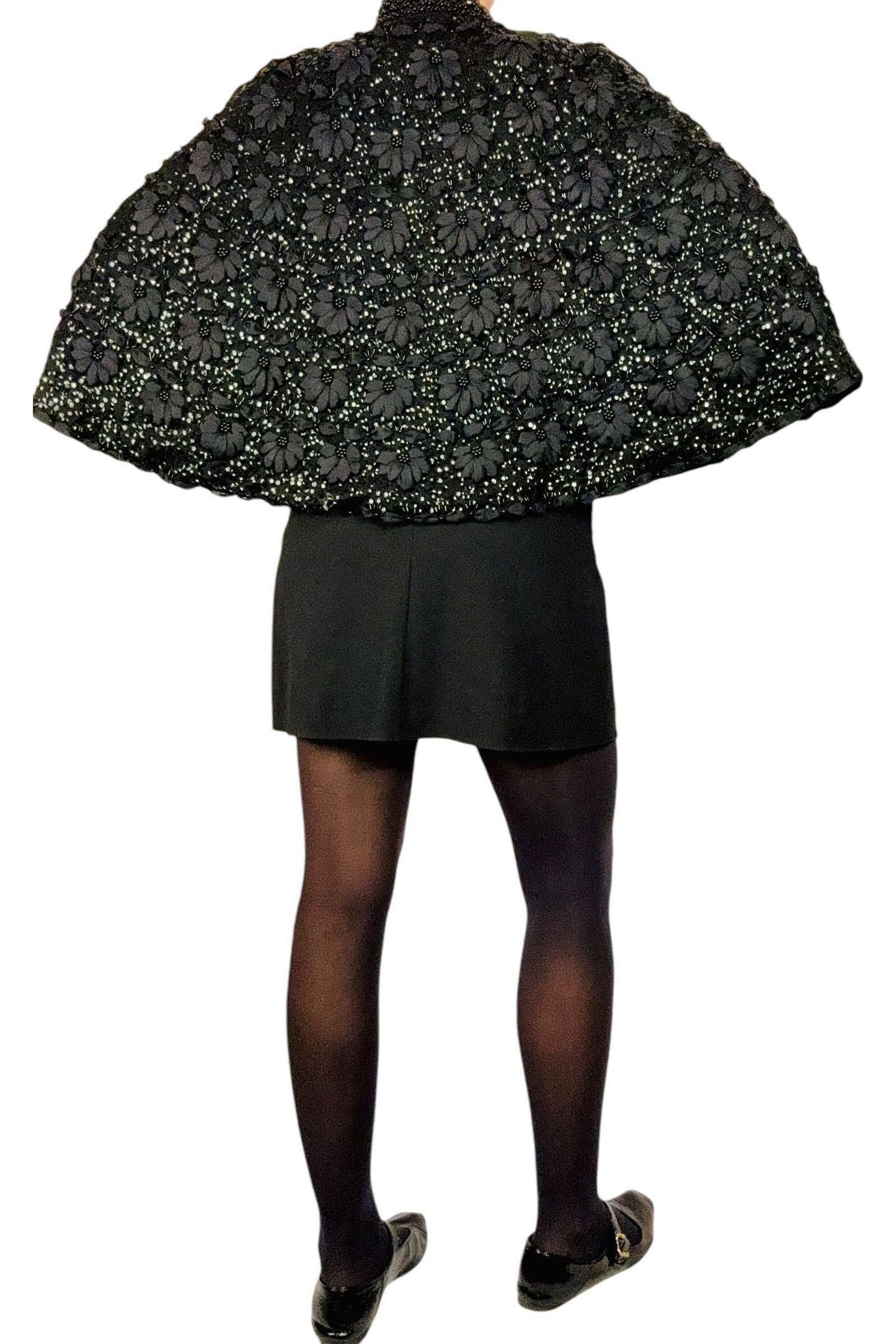 1980s Vintage Black Sequin Cape Free Size