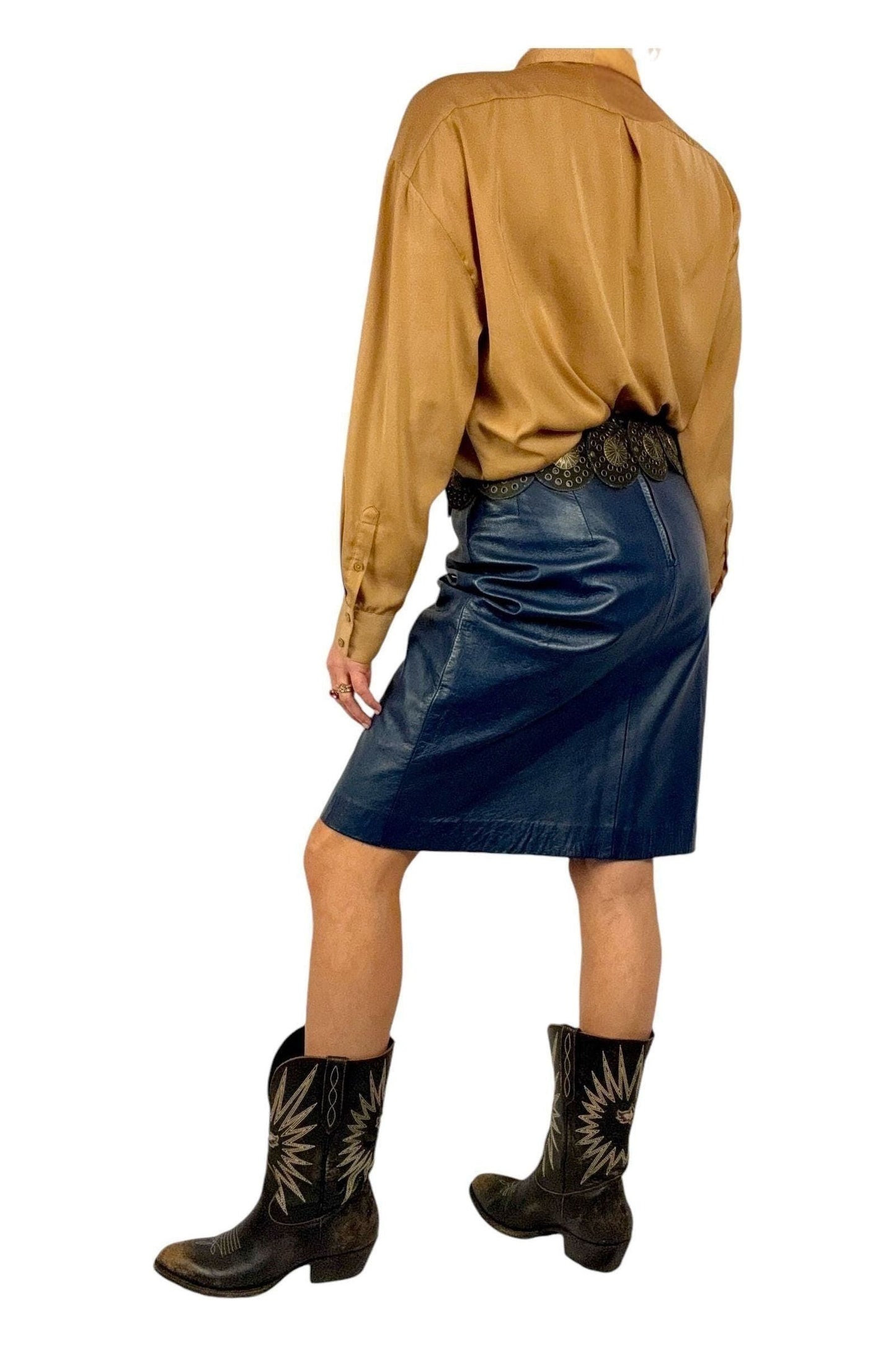 1980s Vintage Blue Leather Skirt L