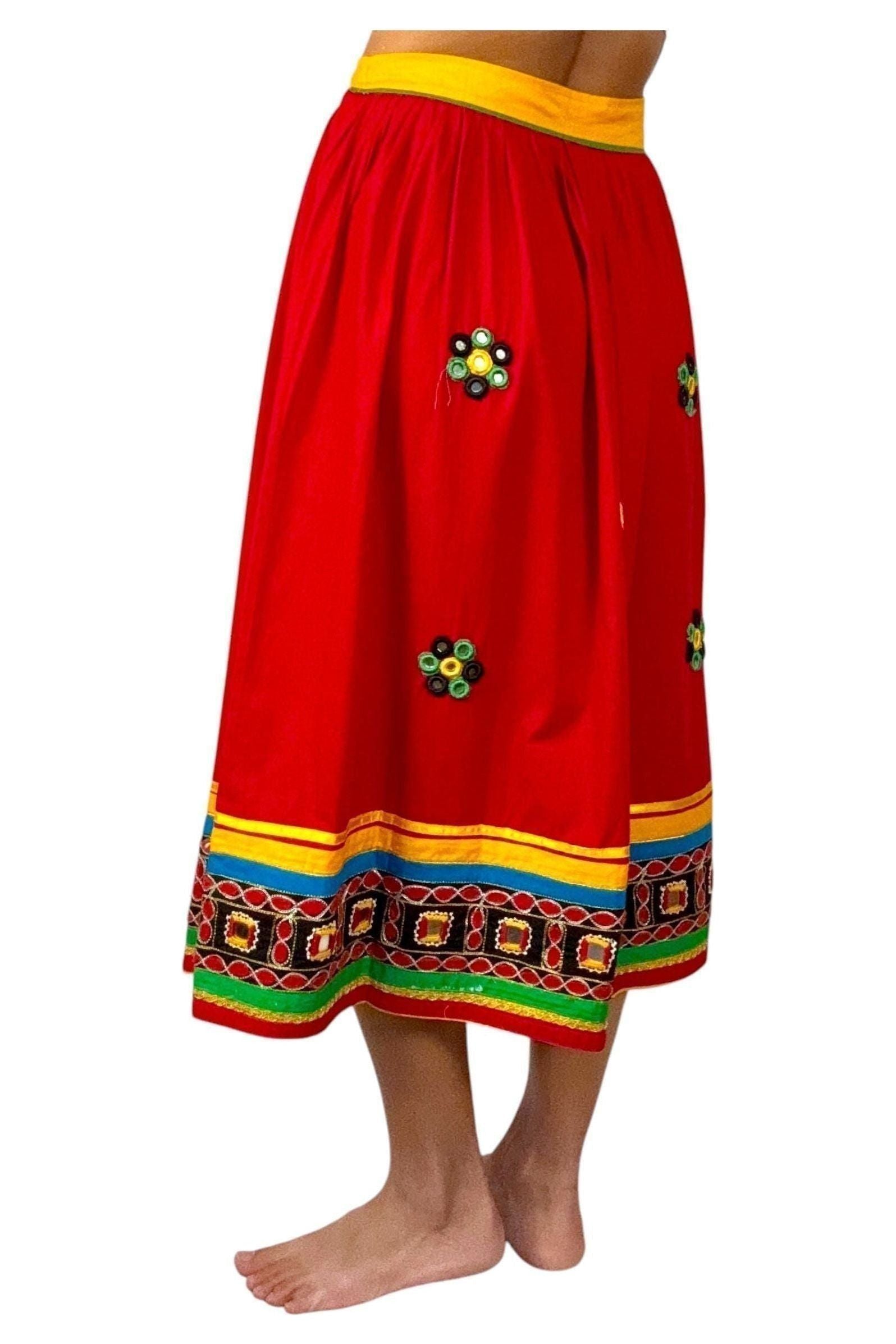 1970s Vintage Handmade Red Skirt with Mirror Accents – Banjara-Inspired Embroidery