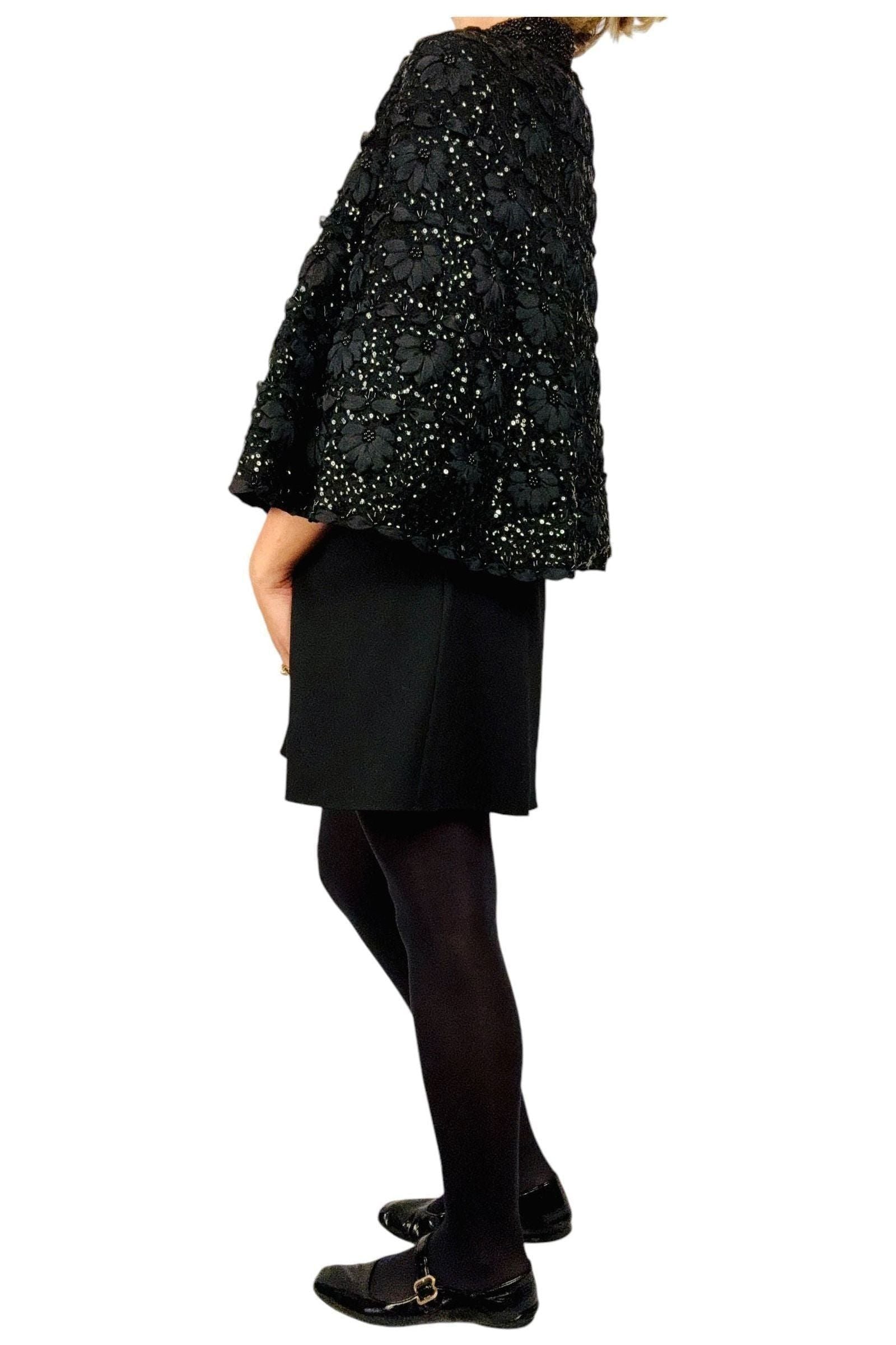 1980s Vintage Black Sequin Cape Free Size