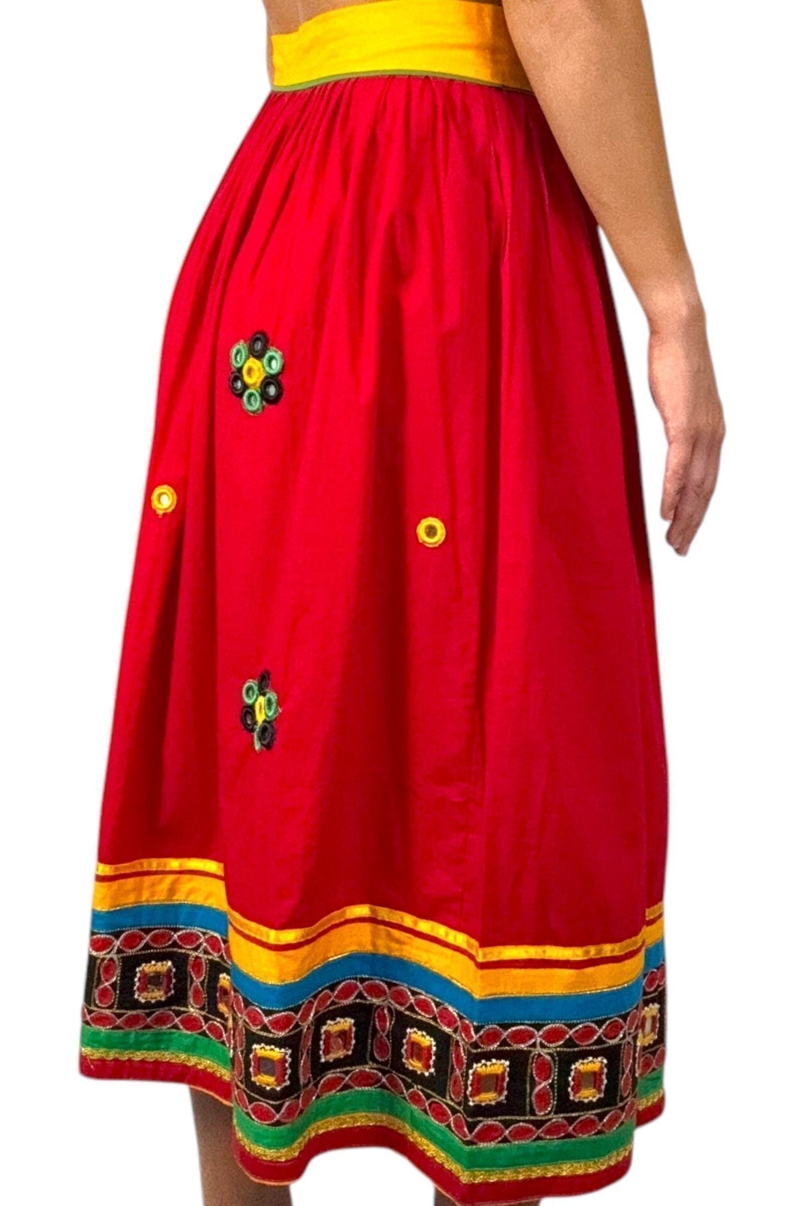 1970s Vintage Handmade Red Skirt with Mirror Accents – Banjara-Inspired Embroidery