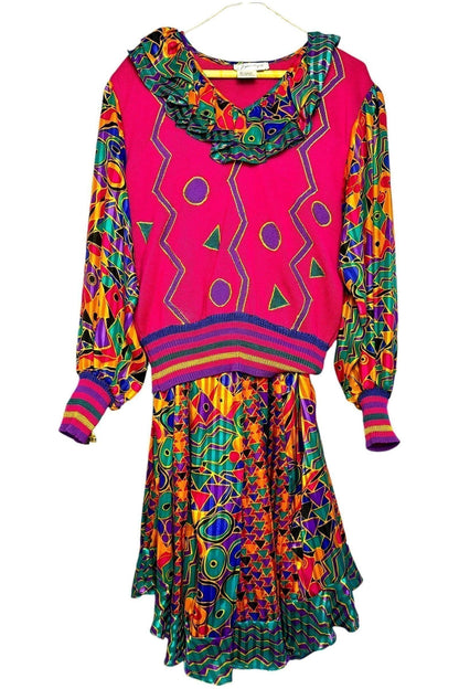 1980s Vintage Jaymee Papell Colorful Abstract Skirt and Sweater Set