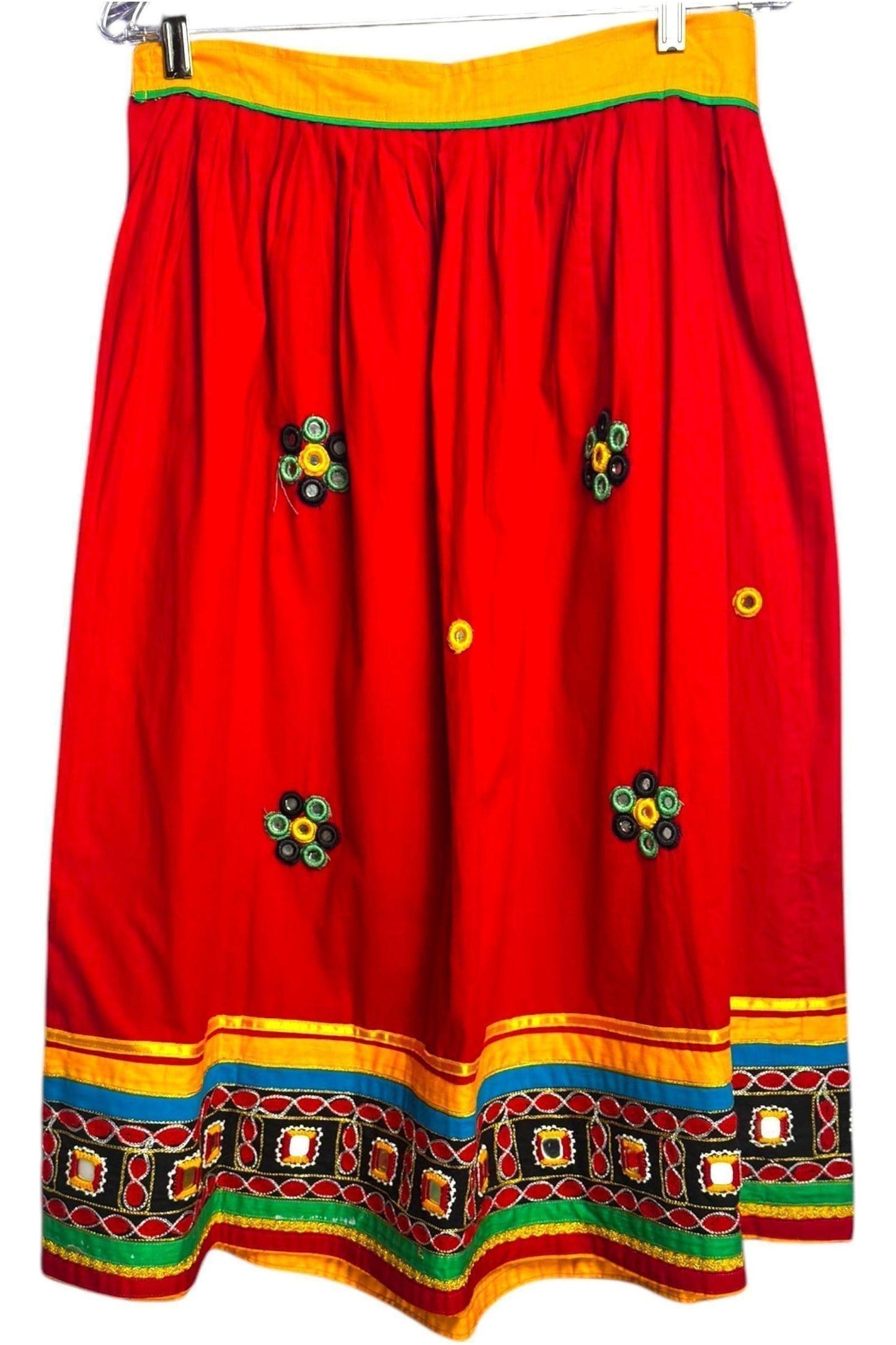 1970s Vintage Handmade Red Skirt with Mirror Accents – Banjara-Inspired Embroidery