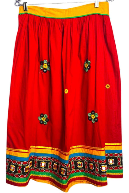 1970s Vintage Handmade Red Skirt with Mirror Accents – Banjara-Inspired Embroidery