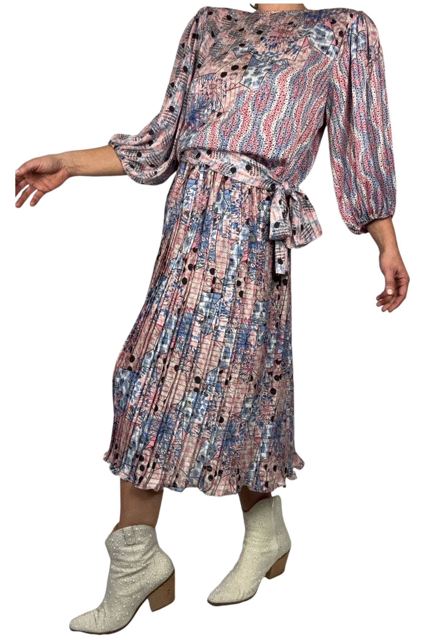1980s Vintage Diane Freis Pleated Skirt Set With Tie Waist L