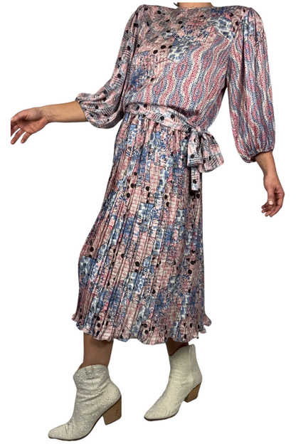 1980s Vintage Diane Freis Pleated Skirt Set With Tie Waist L