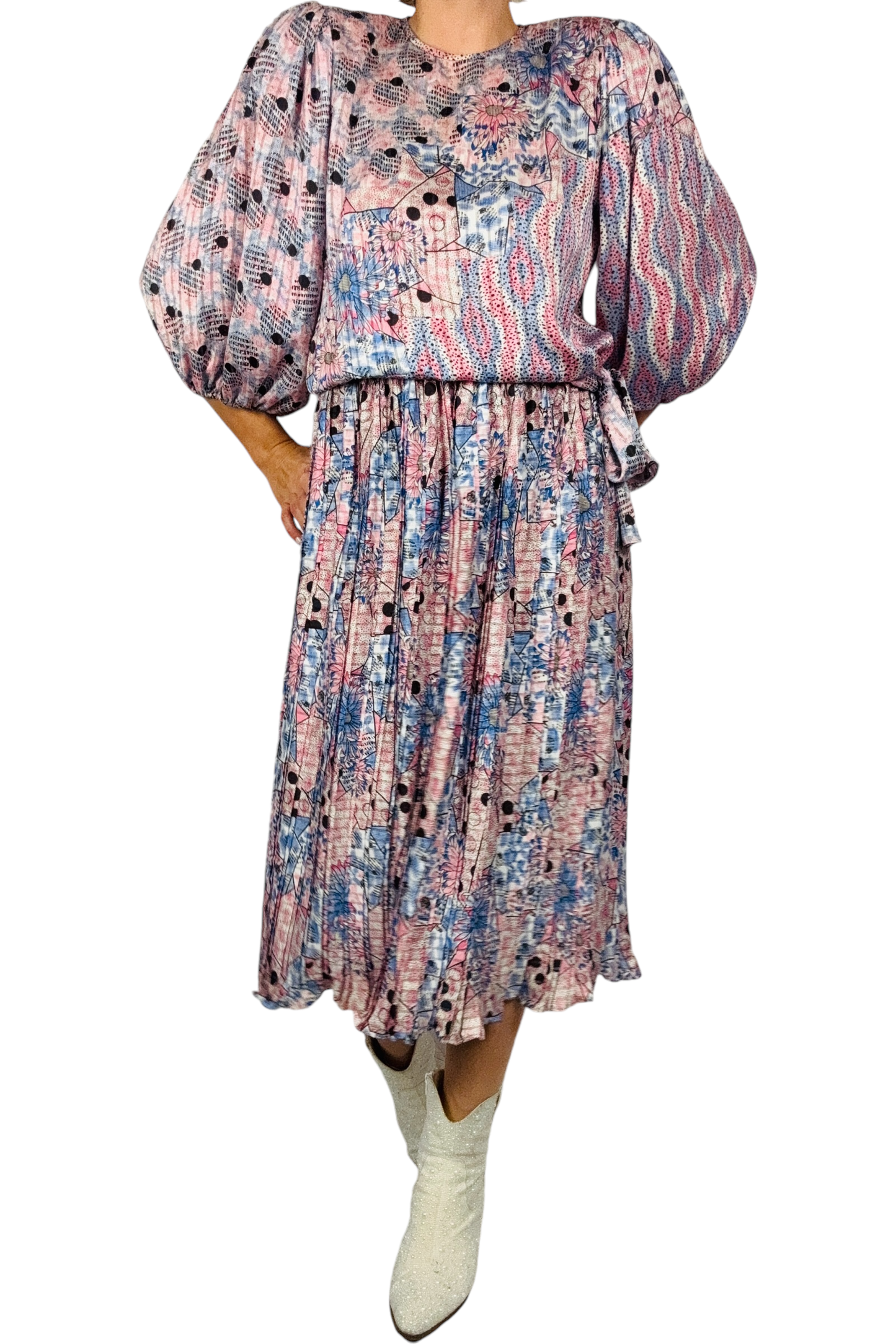 1980s Vintage Diane Freis Pleated Skirt Set With Tie Waist L