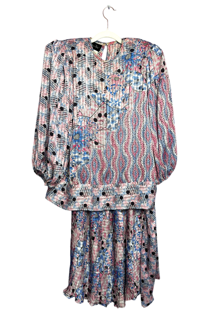 1980s Vintage Diane Freis Pleated Skirt Set With Tie Waist L