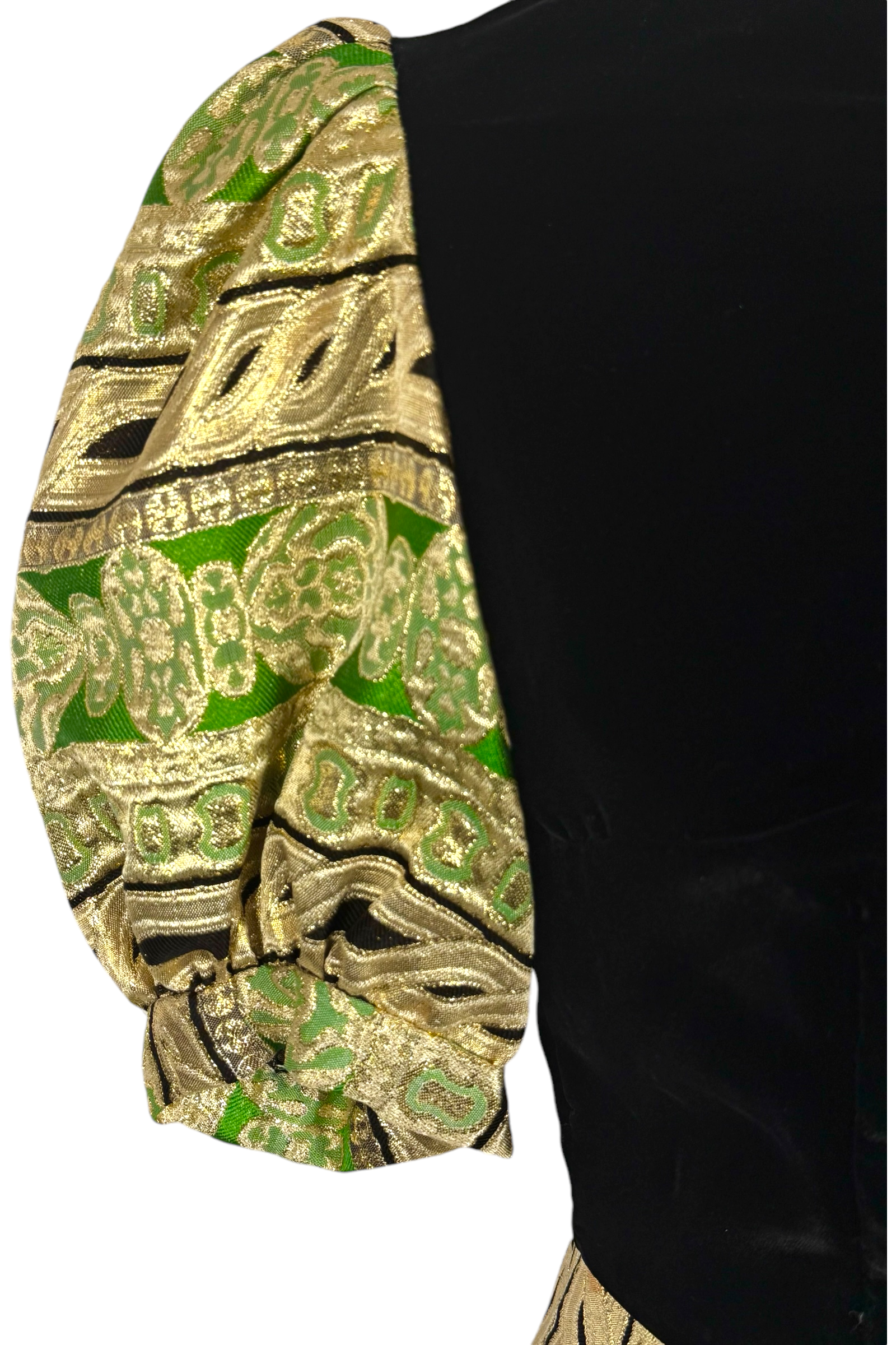 1960s vintage green and gold velvet metallic brocade handmade dress