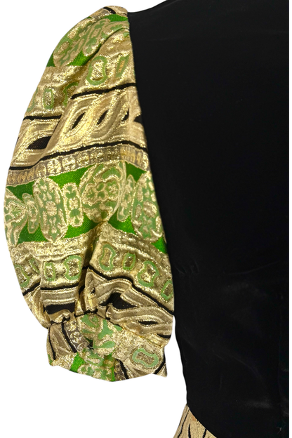 1960s vintage green and gold velvet metallic brocade handmade dress