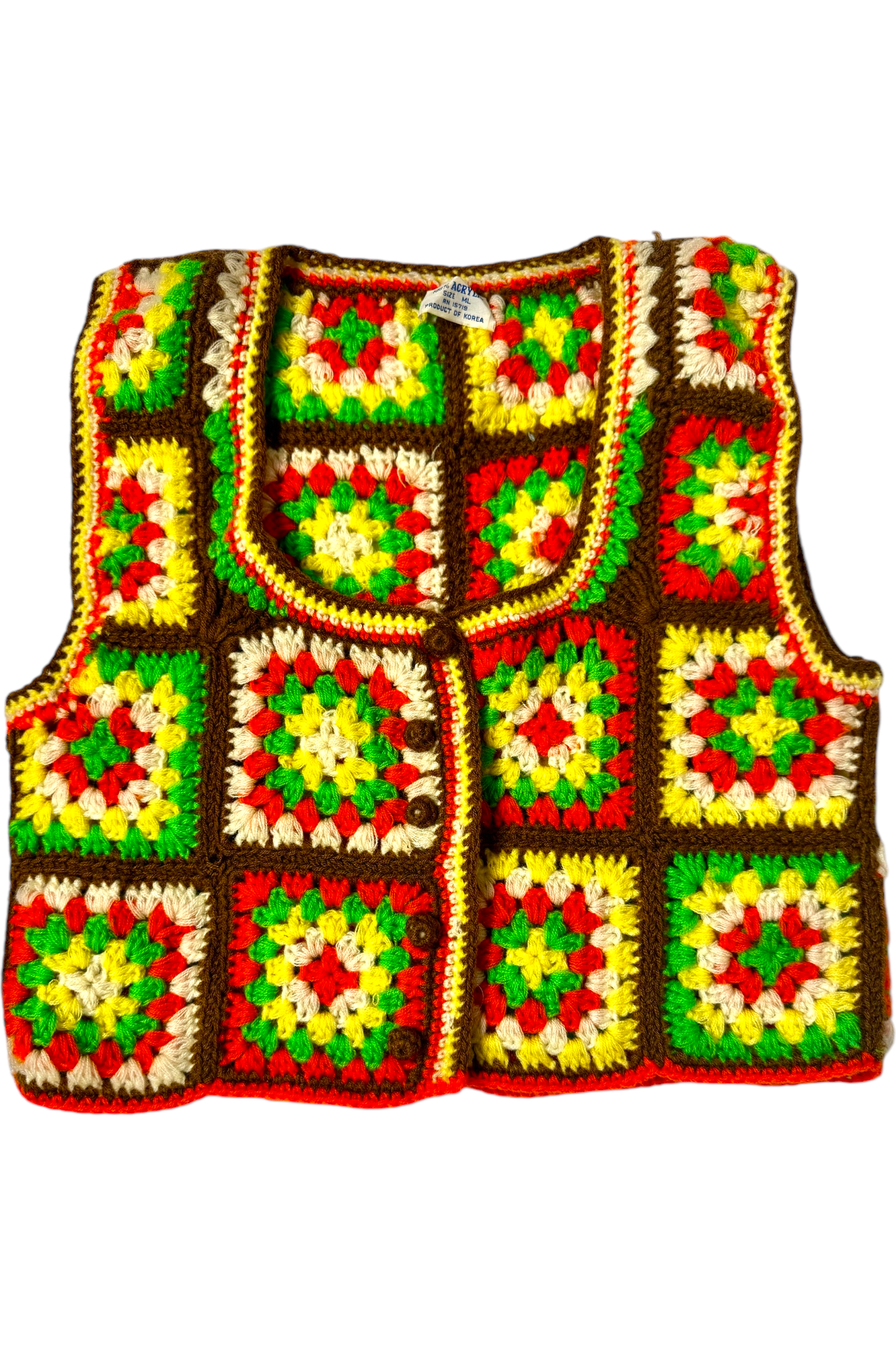 1970s Vintage Handmade Crochet Granny Square Vest – Bold Colors, Boho Style, Small