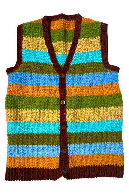 1970s Vintage Hand-Crocheted Striped Vest – Earthy Tones with a Bold Pop S/M