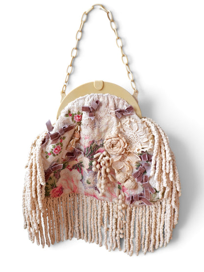 Gallery of Wearable Art New York handbag with celluloid frame, antique lace and fringe, front