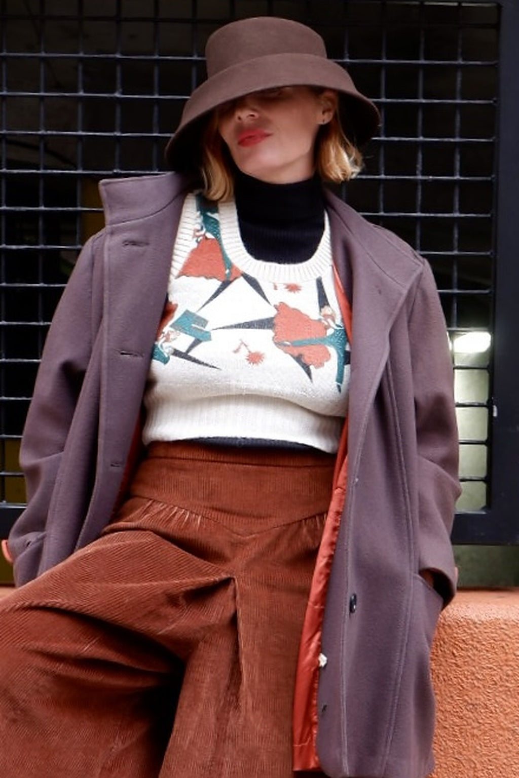 Vintage Pandora Art Deco dancing couple sweater vest, styled with corduroy culottes, coat and felt hat