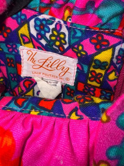 The Lilly, Lilly Pulitzer Inc. label in orange script inside vintage 1960s mixed-print dress