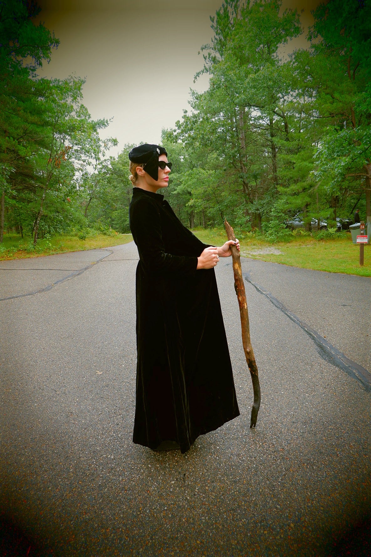 Black velvet opera cape side profile with stand collar
