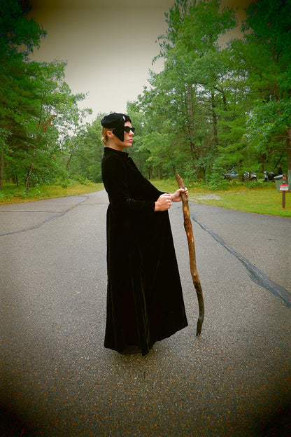 Black velvet opera cape side profile with stand collar