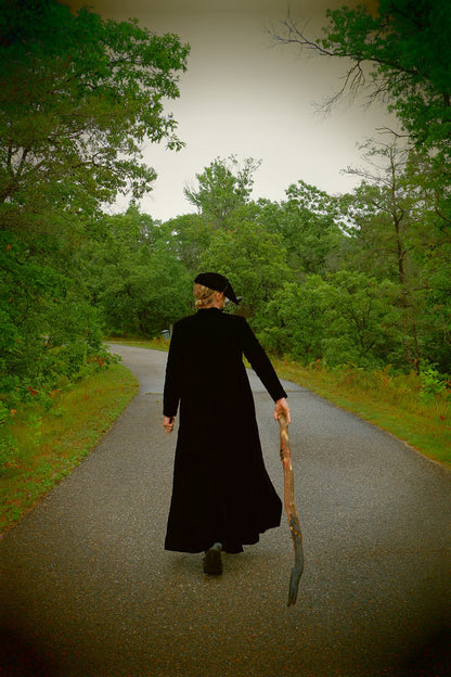 Black velvet opera cape walking view, floor length