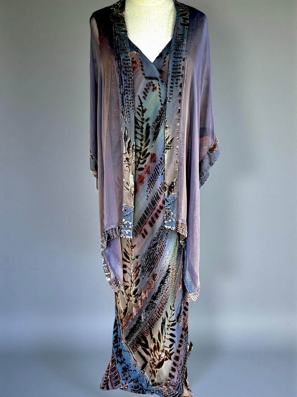 1990s Zonda Nellis silk burnout velvet bias-cut gown with sheer lavender shawl, front view on dress form